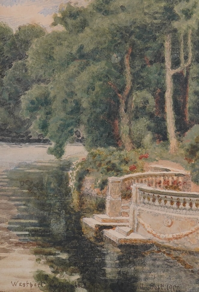 S.P. Cockerell, set of four watercolours, Westport House views including the fountain, September 1st 1917, each inscribed, 21 x 13cm, three framed. Condition - fair, would benefit from a clean